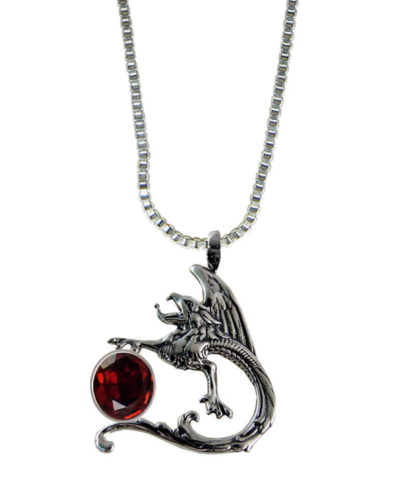Sterling Silver Tattoo Dragon Pendant With Garnet